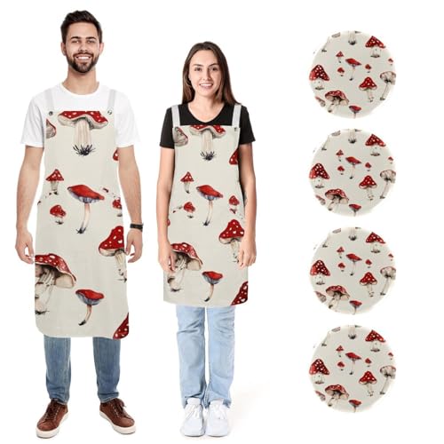 Tablier en lin de cuisine réglable avec poches champignon
