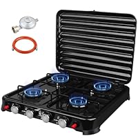 Inoamity Campingkocher 4-Flammig – 8800W Tragbarer Gaskocher mit Piezoelektrische Zündungskonstruktion, Ideal für Outdoor, Camping, Grillen & Familienausflüge – LPG-Gaskocher (Schwarz)