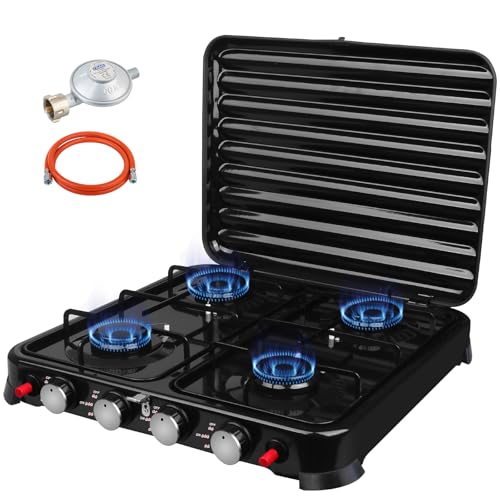 Inoamity Campingkocher 4-Flammig – 8800W Tragbarer Gaskocher mit Piezoelektrische Zündungskonstruktion, Ideal für Outdoor, Camping, Grillen & Familienausflüge – LPG-Gaskocher (Schwarz)