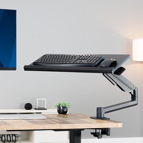 Image of VIVO Sit-Stand 24 Inch Pneumatic Spring Keyboard and Mouse Tray Clamp-on Desk Mount, Counterbalance Height Adjustable Typing Platform, Ergonomic Tilt, Black, MOUNT-KB35CP