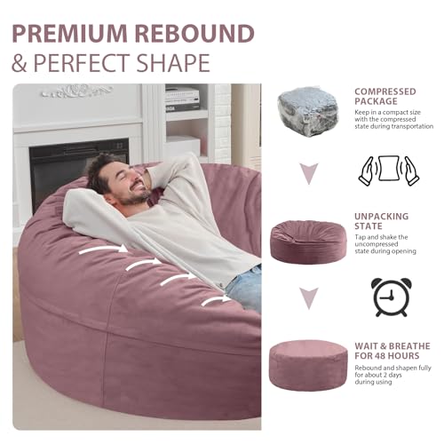 6FT Bean Bag Chair, Large Bean Bag Chairs with Memory Foam Filled, Fluffy Beanbag Sofa with Dutch Velvet Cover, Round BeanBag Chairs for Living Room, Playroom - Dusty Pink