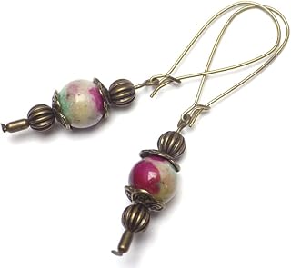 Thurcolas earrings in vintage style in jade tinged with green and brown mounted on fantasy hoops in antique bronze