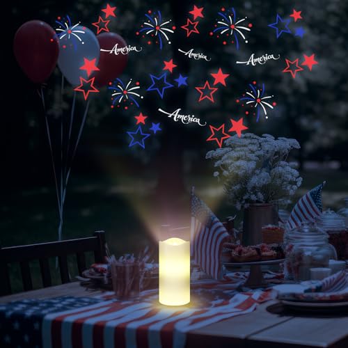 Image of 4th of July Flameless Candle Patriotic Projector Light 250th Anniversary Decoration LED Candle Battery Operated Night Light with Remote Timer Independence Day Memorial Red White Blue Table Decor