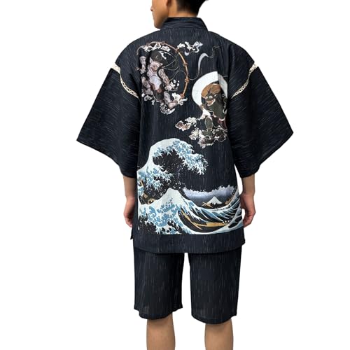 [江戸てん] 甚平 しじら織り 涼しい 夏 綿100％ 捺染プリントオリジナル柄 メンズ 風神雷神波カラー 黒 LL