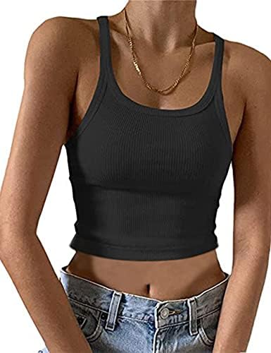 KAMISSY Women's Sleeveless Crop Tank Top Slim Fit Scoop Neck Ribbed Knit Basic Crop Cami Shirts Tops Black