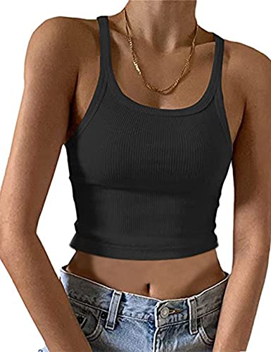 Kamissy Women's Sleeveless Crop Tank Top Slim Fit Scoop Neck Ribbed Knit Basic Crop Cami Shirts Tops Black #TOP28