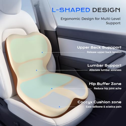 Image of Coverado Car Seat Cushion and Lumbar Support Pillow One Piece, Memory Foam Ergonomic Back Support Driving Seat Cushion for Back Pain, Non-Slip Washable Cushion for Car, Driver, Office