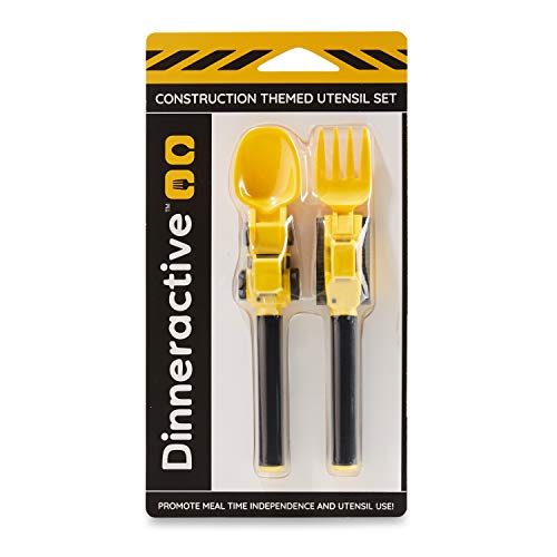 Dinneractive Utensil Set for Kids – Construction Themed Fork and Spoon for Toddlers and Young Children – 2-Piece Set - Yellow