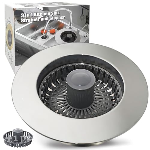 Anlige Kitchen Sink Drain Strainer, 3 in 1 Pop Up Kitchen Sink Stopper, with An Extra Basket Strainer, Universal for US Standard 3-1/2 Inch, Chrome Silver