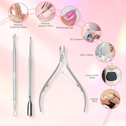 Makartt Nagelhautzange mit nagelhautentferner - 3 Pcs Silver Cuticle Remover Tool, Professionelle nagelhautschere set mit Edelstahl Nagelhautzange, Doppelend Nagelhautschieber und Nagelschaber