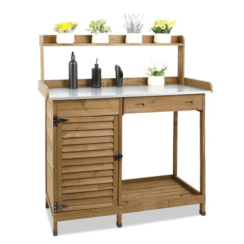 PetsCosset Garden Potting Benche Table Outdoor Wooden Work Station W/Metal Table top,Cabinet,Drawer,Large Bottom Shelf,Open Shelf Natural Wood-Brown-B
