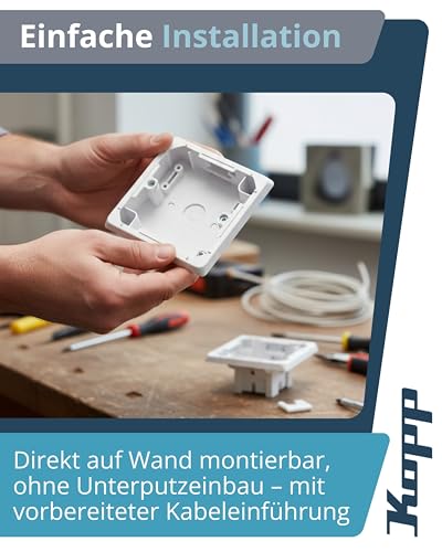 Kopp STANDARD 1-fach Aufputz-Gehäuse in Arktisweiß - Aufputzgehäuse zur Montage von UP-Schaltern - Halogenfreies Gehäuse mit Schutzart IP20 - Horizontal oder vertikal montierbar