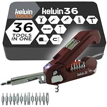 Kelvin Tools - Kelvin 36 Urban Multi Tool Screwdriver Set - All in One Hand Tool With 26 Interchangeable Bits, Tape Measure, Liquid Level, Hammer, Flashlight, Corkscrew and Magnetic Tip