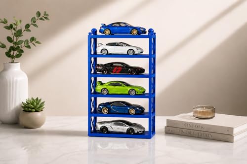 Image of 6-Car Display Rack - Premium Matte Black Tabletop Organizer with Tire Slots & Side Guards for 1:64 Scale Diecast Cars (Hot Wheels, Matchbox, Tomica,)(NO CAR INCLUDED) (Blue)