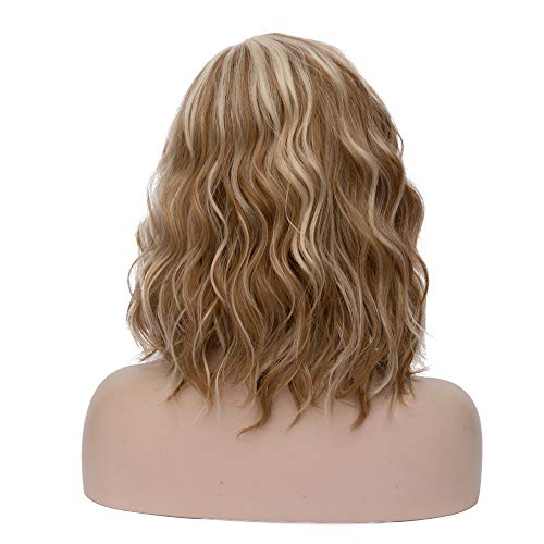 Beron 14" Women Girls Short Curly Bob Wavy Wig Body Wave Halloween Cosplay Daily Party Wigs (Blonde Brown) #TOP3