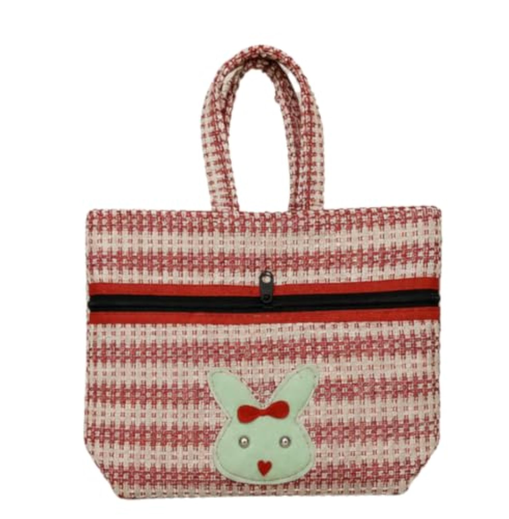 Handcrafted Woven Fabric Tote Bag, Red and White