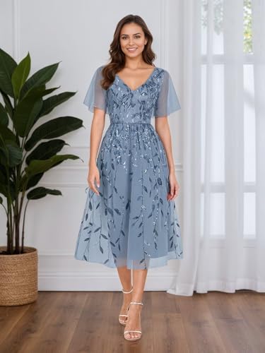 Tea Length Mother of Bride Dresses Short Sleeve Sequin Embroidery Formal Wedding Guest Dress3