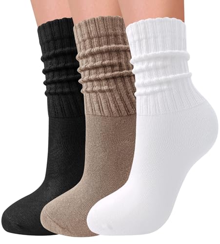 Image of 3 Pairs Slouch Socks for Women Soft Mid Calf Rib Scrunch Crew Tube Socks