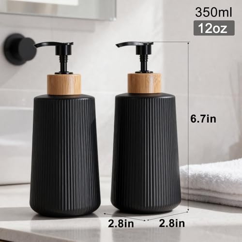 Image of Glass Soap Dispenser, Thickened Glass Hand Soap Dispenser for Bathroom, Kitchen Dish Washing Liquid Bottles, Shampoo and Conditioner Bottles, Modern Farmhouse Style (Black, Set of 2, 12oz)