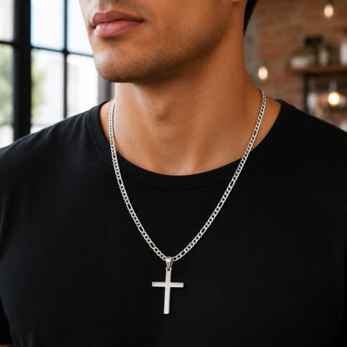 Image of CaptainSteeL Stainless Steel Cross Necklace for Men, Figaro Chain Pendant