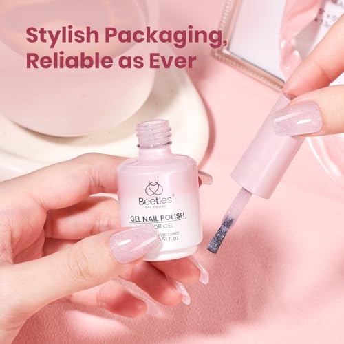 Image of Beetles Nude Gel Nail Polish - Soft Glow Fragments 15ML Shimmer Pink Gel Nail Polish Base Color Nail Concealer Sheer Translucent Nail Polish Soak Off UV French Nail Art Manicure Gift for Women