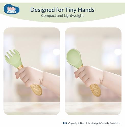 Image of Kids Station 3 Piece BPA-Free Silicone Baby Feeding Set - Baby Plate - Spoon and Bowl - Make Mealtime Fun - Microwave Safe - Unbreakable Eco-Friendly - Organic & Natural (Plate (Set of 3), Green)