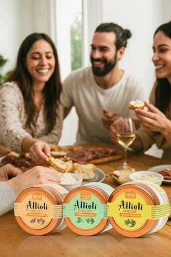 AliOli-Sauce. Packung mit 3 Ali-Oli-Saucen à 65 Gramm. Ali Oli Chipotle + Ali Oli Artesano + Ali Oli Basilico. Gourmet-Paket. Gourmet-Saucen. Ibiza-Produkt. Perfektes Dressing für Ihre Rezepte.