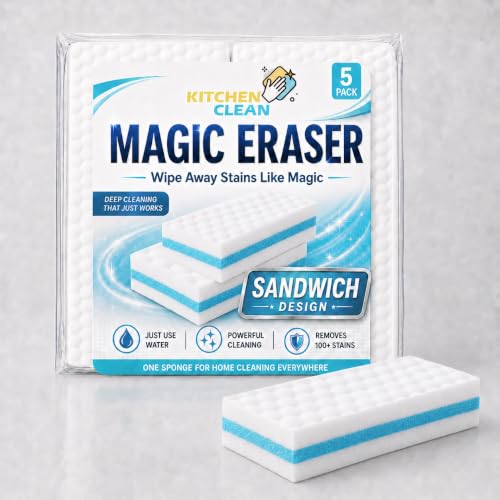 Image of Kitchen Clean Magic Eraser Sponge Pack of 5 | Advanced Melamine Stain Remover for Pen Marks, Wall Stains, Switch Boards, Taps, Glass, Shoes & Sneakers