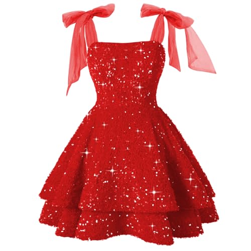 FUMY Red Sequin Cocktail Party Dress with Bow Short Spaghetti