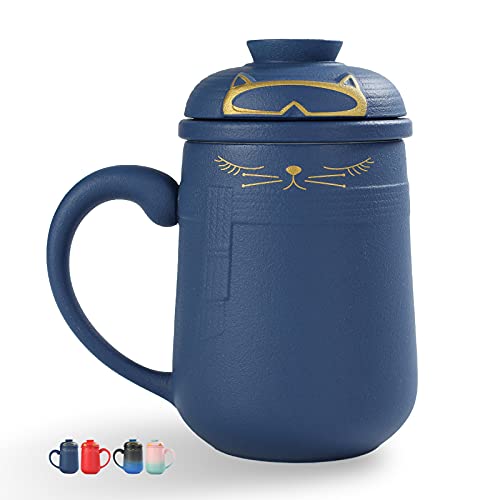 TEANAGOO teetasse mit sieb und deckel, 460 ML, Marineblau, Japanische große Katzenteebecher mit Diffusor/Strainer, Große Töpferware Niedliche Katzen Teebecher mit Henkel & Deckel Cover