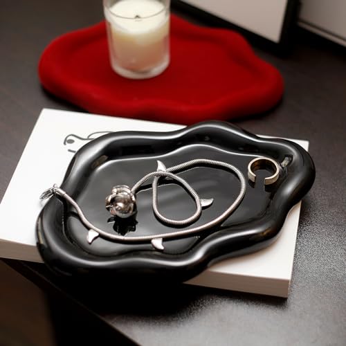 Image of Jewelry Dish Trinket Tray for Women, Ring Dish Holder, Unique Cloud Shape Ceramic Plate Cute Things Vanity Aesthetic Room Decor Mother's Day Birthday (Balck)