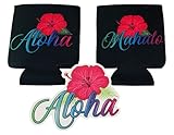 Aloha Hawaii Hibiscus & Mahalo - Fundas enfriadoras de latas de cerveza (paquete de 2) y 1 calcomanía Aloha, mangas enfriadoras de latas de cerveza con aislamiento suave - Mangas plegables de neopreno