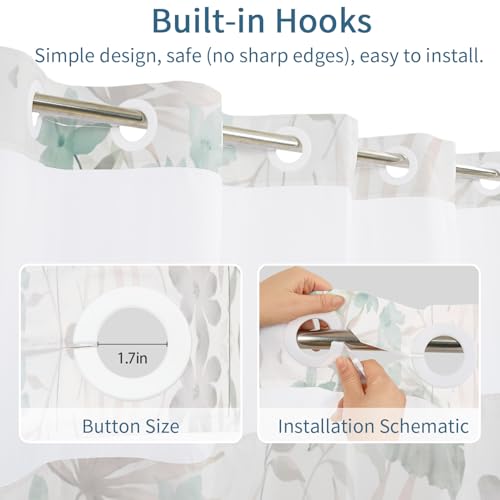 No Hook Shower Curtain with Snap in Liner Set, Boho Mint Floral Neutral Pastel Tropical Leaf Decorative Waterproof Fabric Shower Curtain for College Dorm Hotel Apartment Bathroom Bathtub, 71x74 Inch by NAEMBCU - Used condition - Image 6