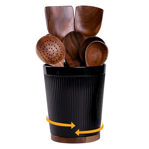 LYNG Utensil Holder, 7.6″ Melamine Black Utensil Holder For Kitchen Counter, Kitchen Utensil Organizer With Acacia Wood Bottom, 360° Rotating Utensil Holder For Farmhouse Decor