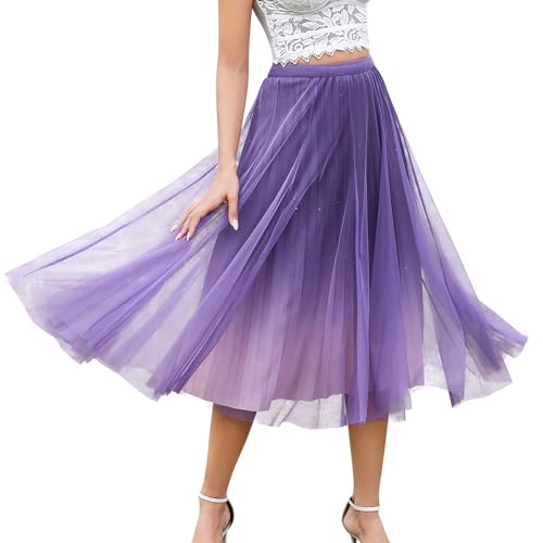 Women's Midi Skirt Tulle Skirt Layered Sequin Pleated Skirt High Waist Gradient Skirt