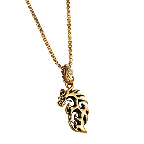 Emibele Necklace for Men, Fashion Titanium Steel Flame Dragon Pendant Necklace, Gift for Men Friends - Gold