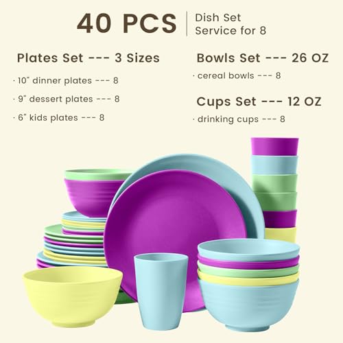 Image of Homienly 40-Piece Kichen Dinnerware Set, Wheat Straw Dinnerware Set, Plates, Bowls, Drinking Cups, Service for 8, Dishwasher & Microwave Safe Dish Set, Unbreakable Plates and Bowls Set - Memphis