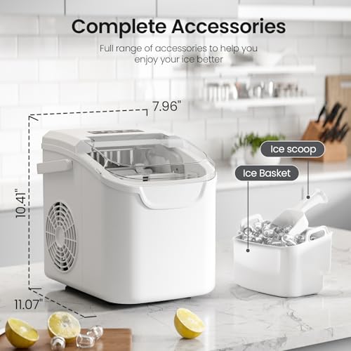 Image of Kismile Ice Makers Countertop,Portable Ice Maker Machine with Handle,26Lbs /24H,2 Ice Sizes(S /L),8 Bullet Ice Cubes in 6 Mins,Self-Cleaning Countertop Ice Maker for Home & Kitchen(White)