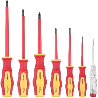 Effektwerk 7-pc Electricians Screwdriver Set, 4 Slotted & 2 Phillips Screwdrivers w/Voltage Tester, 1000V Insulated & VDE Tested w/Magnetic Tips