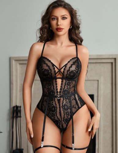 Avidlove Black Lingerie for Women Lace Babydoll V Neck Bodysuit Garter Belt Rave Outfits (Black, Medium) — view 5