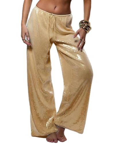 Acrawnni Women's Y2K Sequin Sparkle Pants Elastic Waist Drawstring Sparkly Glitter Wide Leg Disco Pants Party Club Dance Straight Leg Trousers (A-Yellow, M)