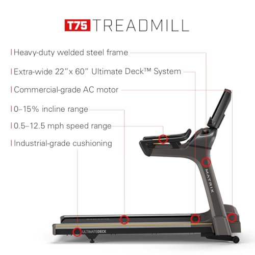 Image of Matrix Fitness T75 Treadmill with XER | 10 inch Touchscreen (WiFi+BT) | Club-Quality Treadmill for Running, 5K & Marathon | Heavy-Duty Frame, Extra-Thick 22 inchx60 inch Deck, Industrial Cushioning