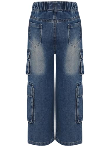 easyforever Kids Girls Cargo Jeans Boyfriend Denim Pants Retro Style Washed Wide Leg Casual Trousers with Flap Pockets4