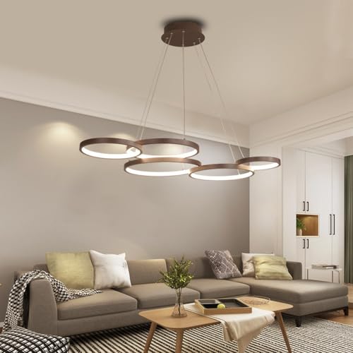 Anneaux bruns légers suspendus LED lustre de salon réglable
