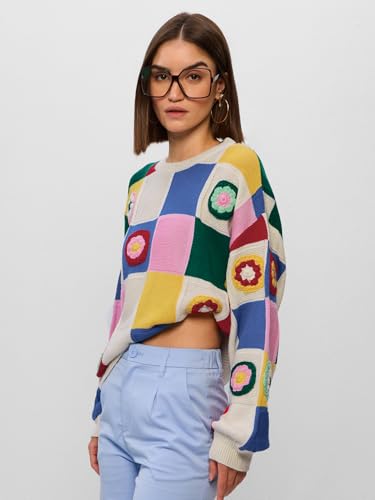 Image of The Souled Store Dahlia Women and Girls Long Sleeves Round Neck Multicolor Color Blocked Acrylic Oversized Sweaters