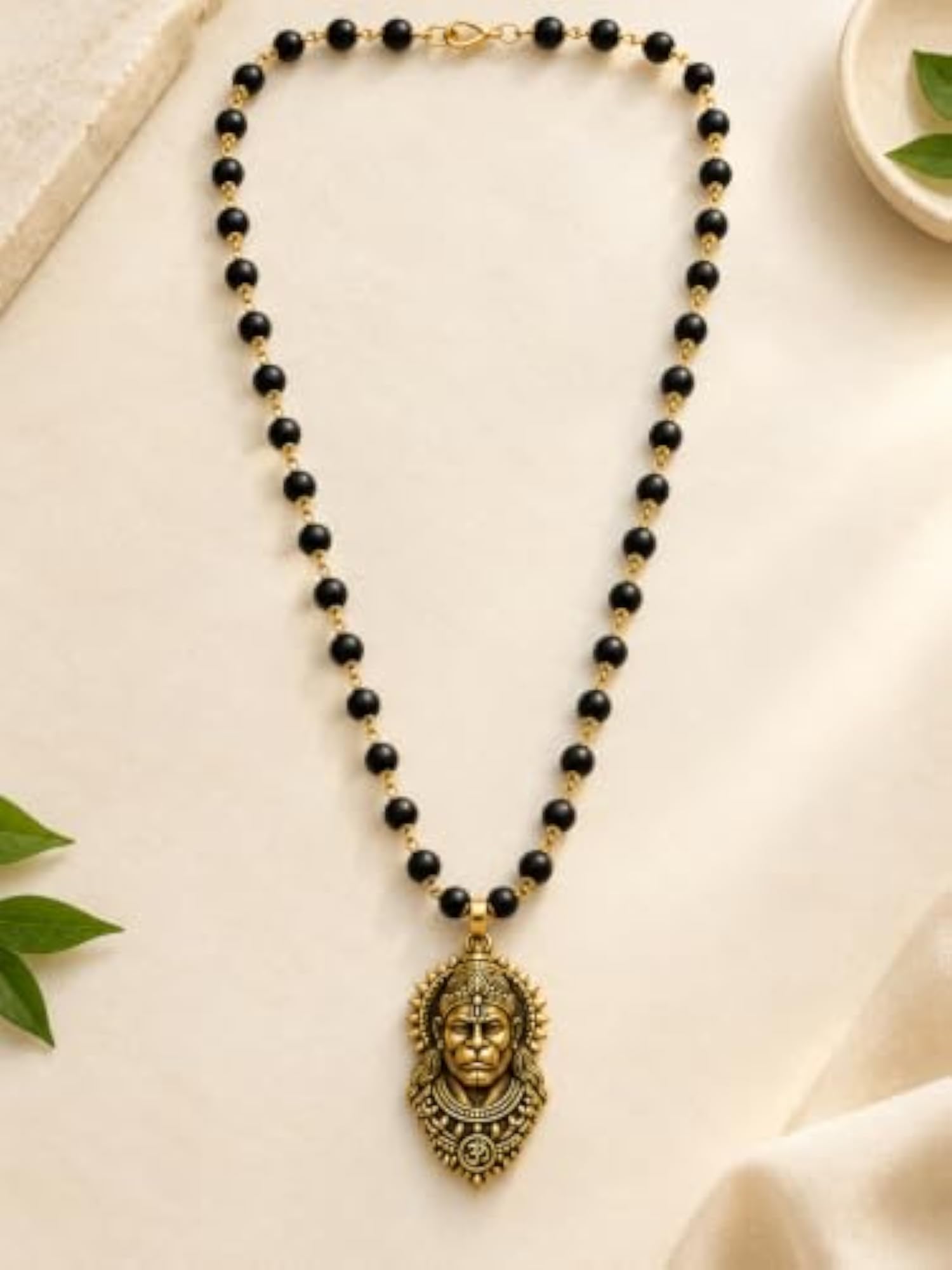 Hanuman Pendant Mala Necklace for Men & Women, Black Beaded
