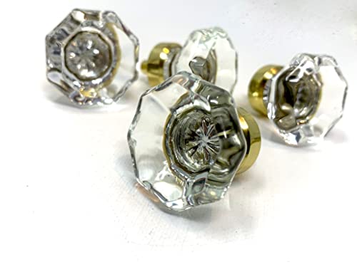 Lots Of Four (4) 24% Lead Crystal & Polished Brass Old Town Bifold/Cabinet/Wardrobe Knob Pulls- 1-3/8 Inch At The Widest Poi #TOP4