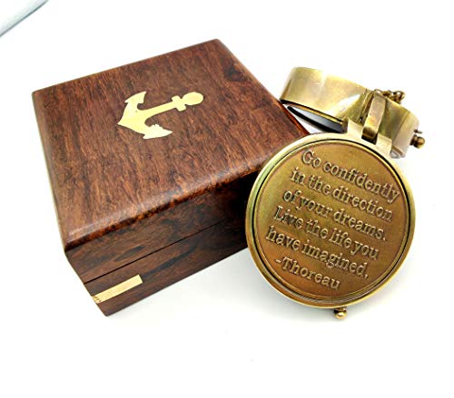 Brújula vintage de latón con estuche de madera y frase grabada miniatura 1