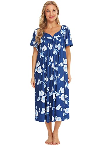 Image of Bloggerlove Mumu House Dress for Women with Pockets Short Sleeve Nightgowns | 15% Cotton, 80% Polyester, 5% Spandex, Floral Mumu House Dress, V-Neck, Short Sleeves, Midi Length, 2 Side Pockets, Lounging