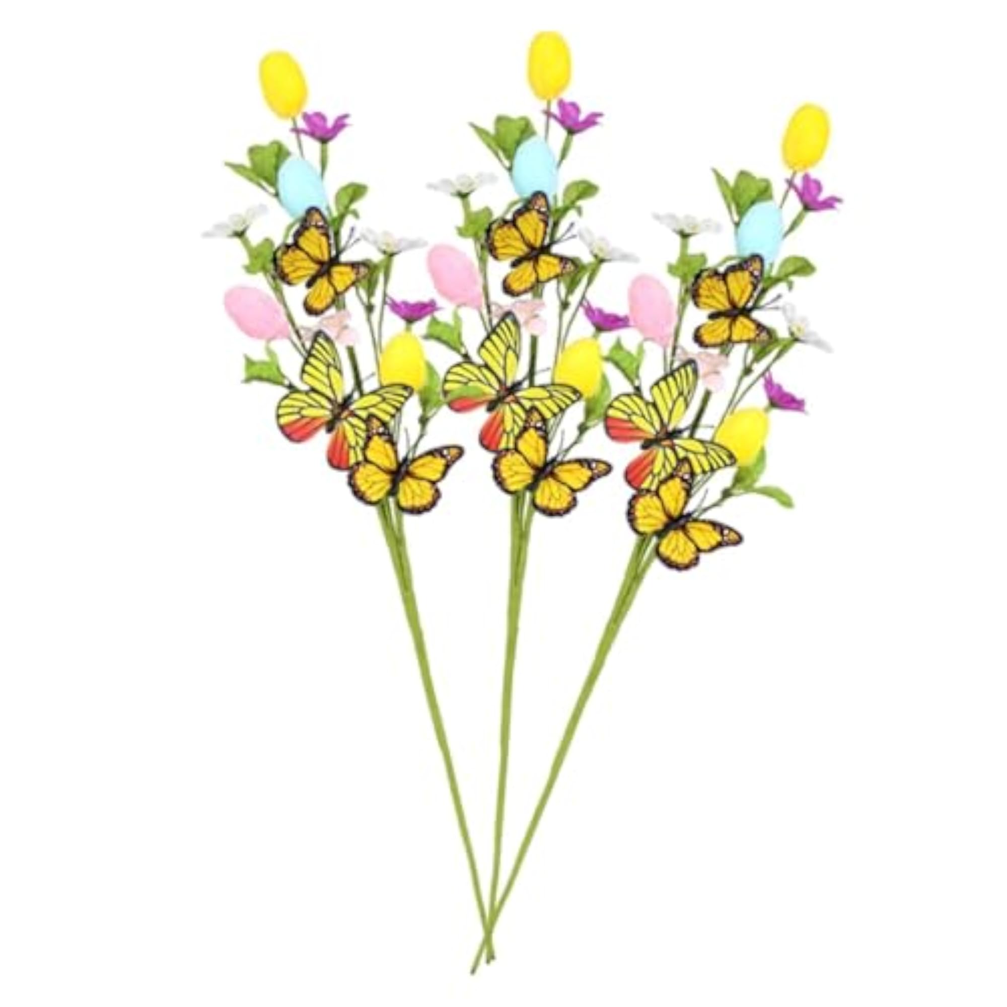 3X Artificial Egg Flower Picks with Eggs and Butterflies, Reusable
